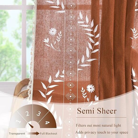 Burnt Orange Boho Tassel Floral Curtains 84" Long Terracotta 2 Panels Linen Look - Picture 6 of 12
